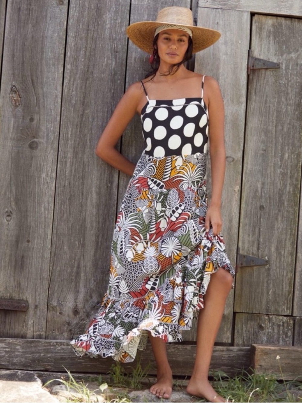 Farm Rio x Anthropologie Tiered Maxi Dress Cover-Up Tropical Polka Dot Print